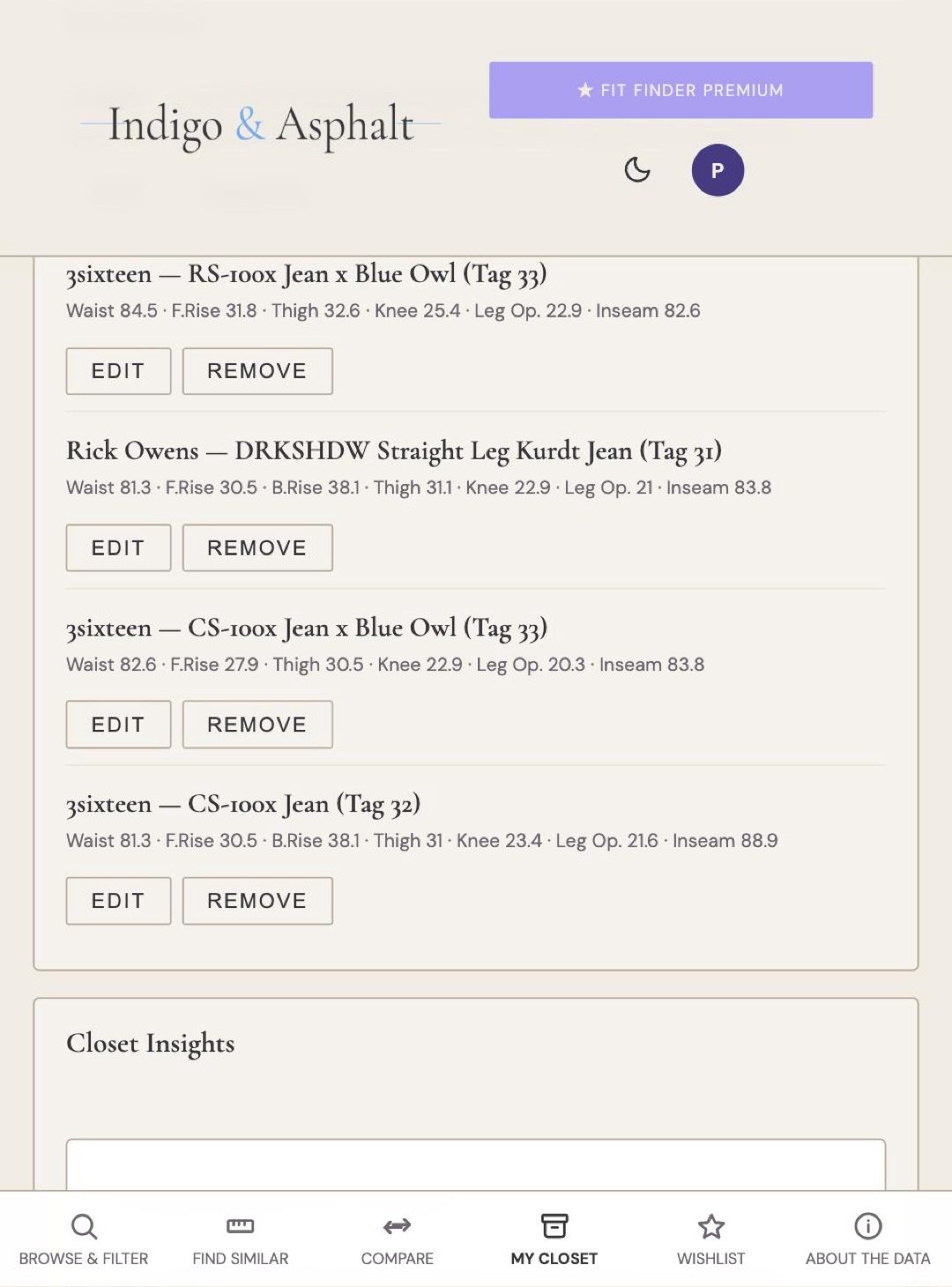 Fit Finder Android app Closet Insights screen, comparing a saved pair's measurements against the user's profile
