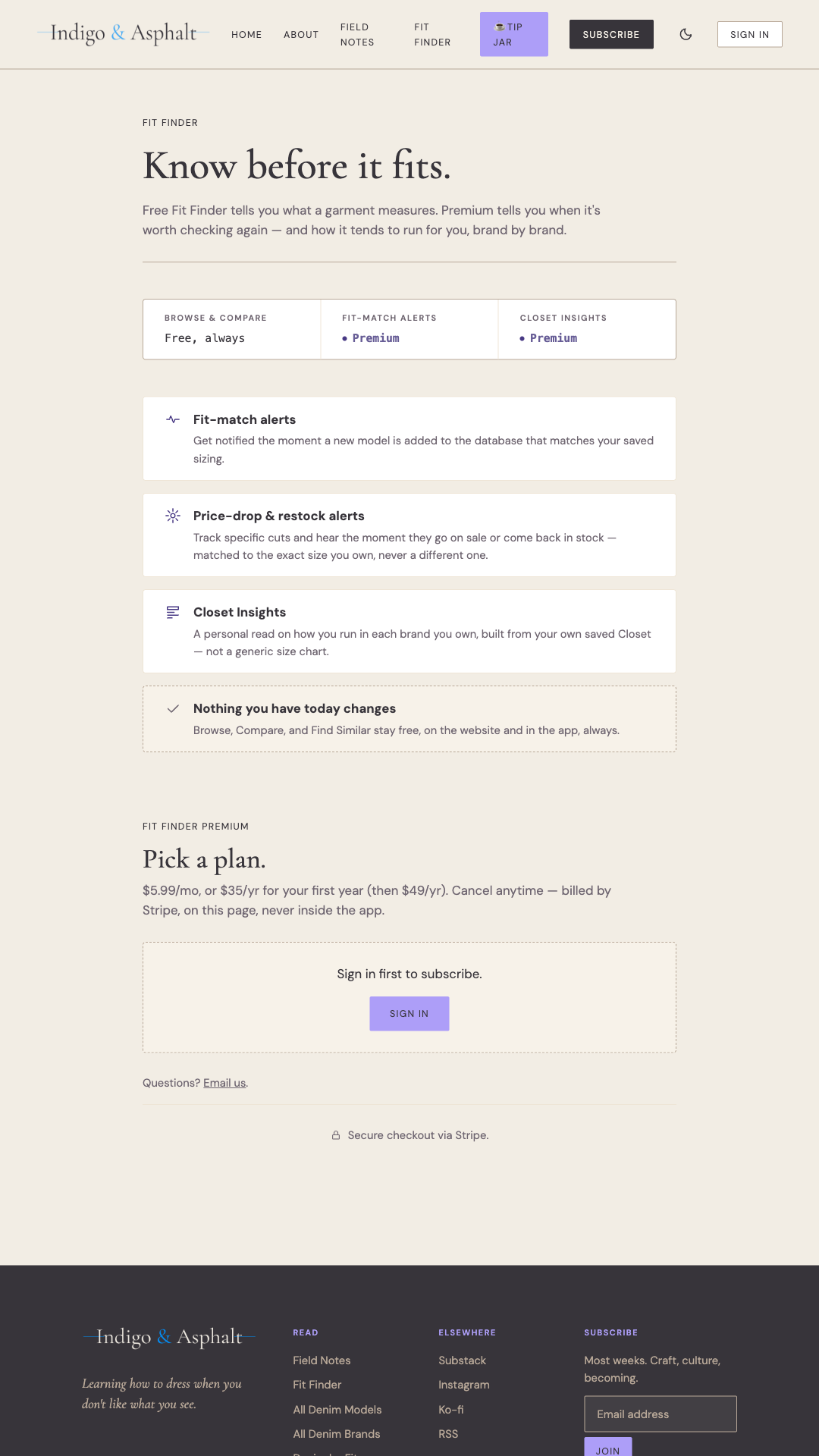 Fit Finder Android app premium upgrade screen, listing Closet, Wishlist, Insights, and notification features