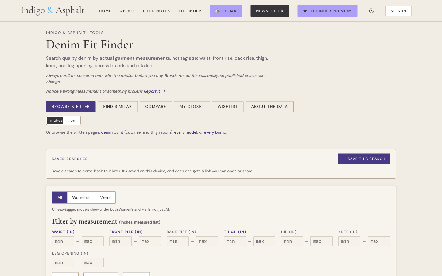 Fit Finder's web tool filter UI, with controls for waist, inseam, rise, and fit category